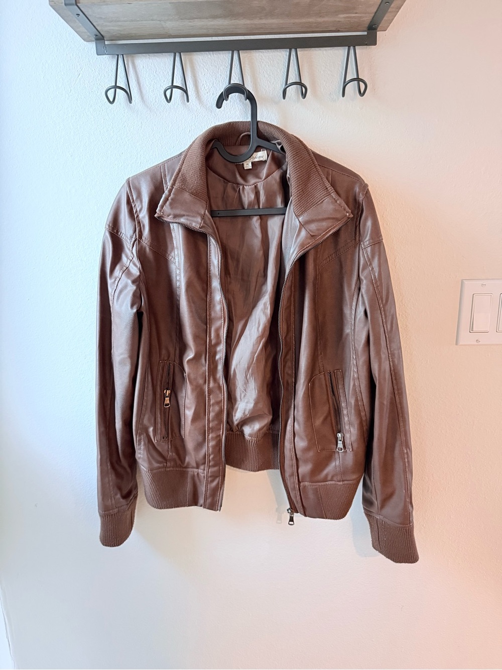 Women's Brown Faux Leather Bomber Jacket